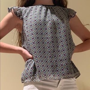 blue purple and green pattern ruffle sleeve shirt